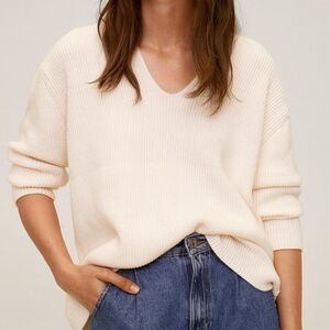 Mango- Cream V-Neck Cozy Knit Sweater - Cream